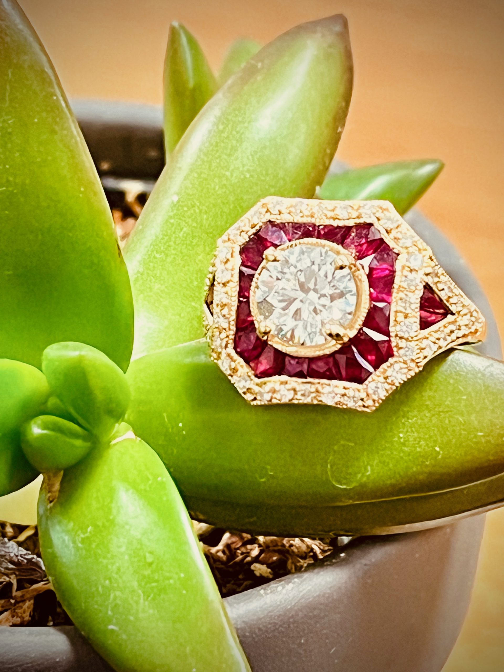 Ruby & Diamond Vintage Estate ring with gold on display